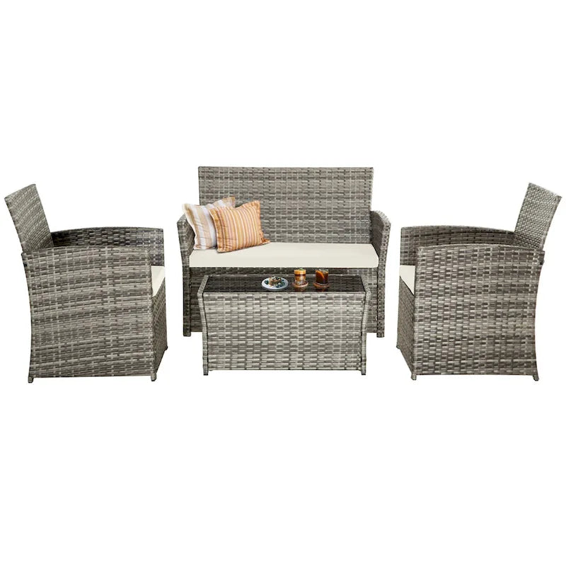 Ensemble de conversation 4 pièces en osier pour terrasse, canapé et fauteuils en rotin