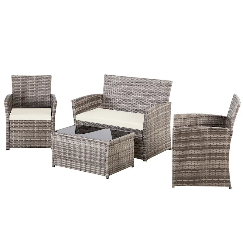 Ensemble de conversation 4 pièces en osier pour terrasse, canapé et fauteuils en rotin