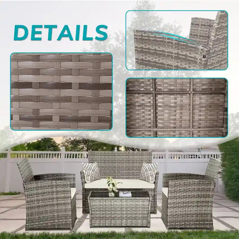 Ensemble de conversation 4 pièces en osier pour terrasse, canapé et fauteuils en rotin