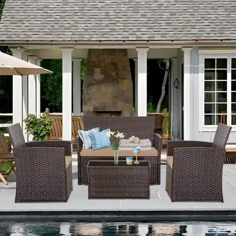 Ensemble de conversation 4 pièces en osier pour terrasse, canapé et fauteuils en rotin