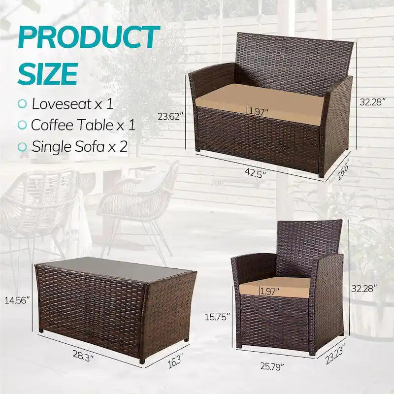 Ensemble de conversation 4 pièces en osier pour terrasse, canapé et fauteuils en rotin