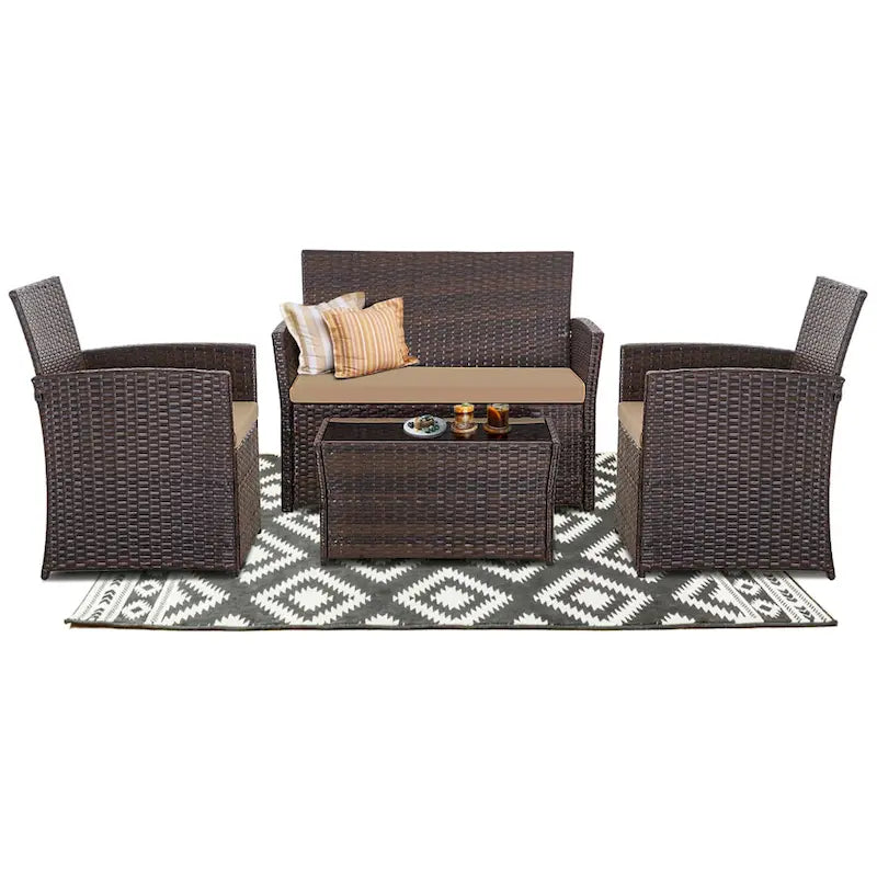 Ensemble de conversation 4 pièces en osier pour terrasse, canapé et fauteuils en rotin