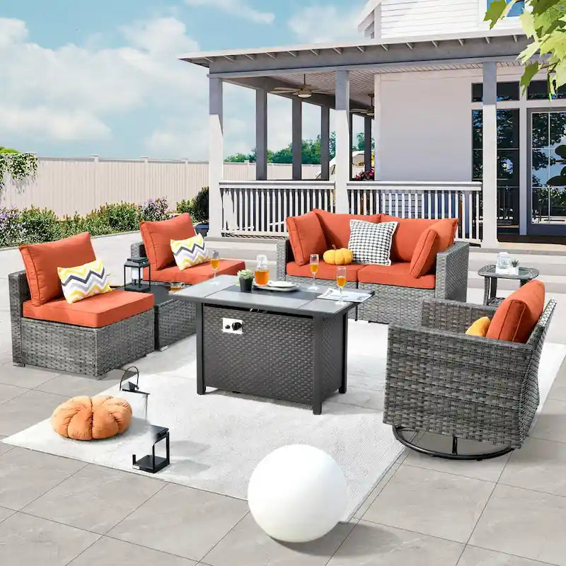 HOOOWOOO Ensemble de meubles de patio 8 pièces en rotin avec foyer