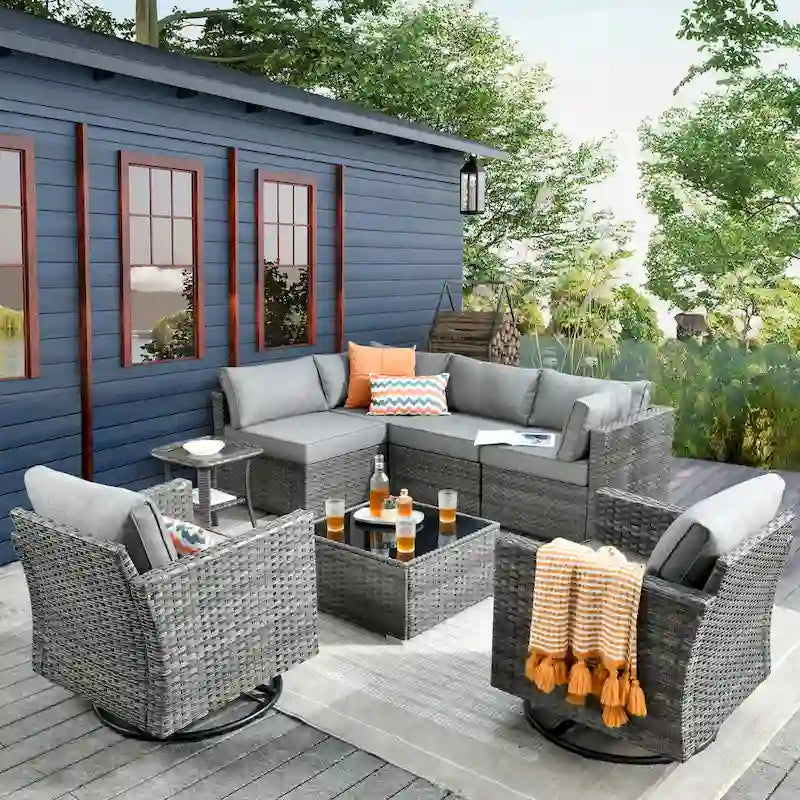 HOOOWOOO 8-piece Outdoor Furniture Swivel Chair Set with Coffee Table