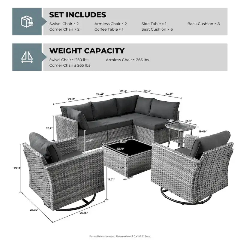 HOOOWOOO Ensemble de 8 chaises pivotantes d'extérieur avec table basse