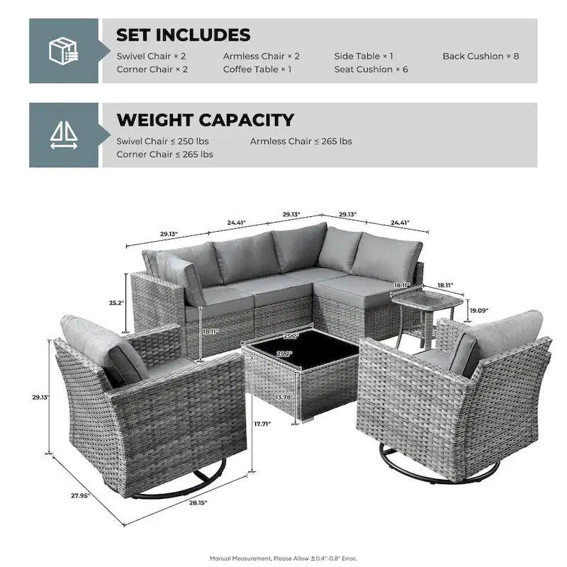 HOOOWOOO Ensemble de 8 chaises pivotantes d'extérieur avec table basse