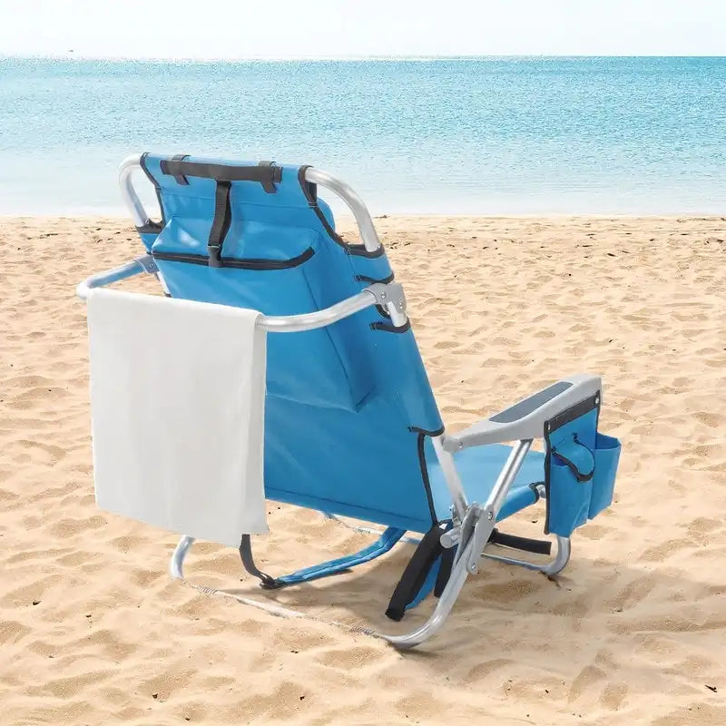 Chaise de plage pliante classique 5 positions à plat avec sac à dos, aluminium, bleue