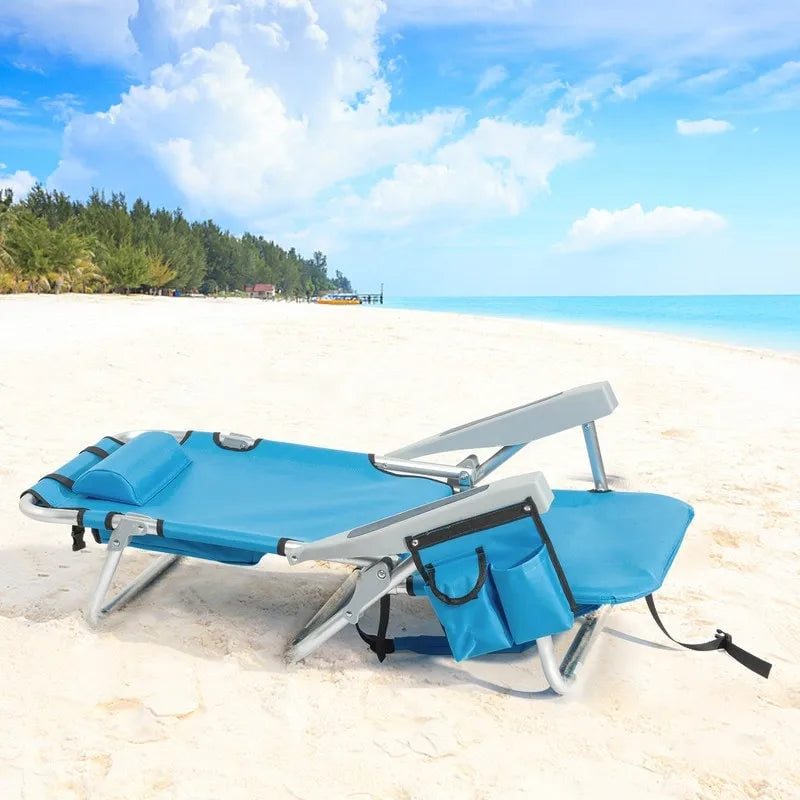 Chaise de plage pliante classique 5 positions à plat avec sac à dos, aluminium, bleue