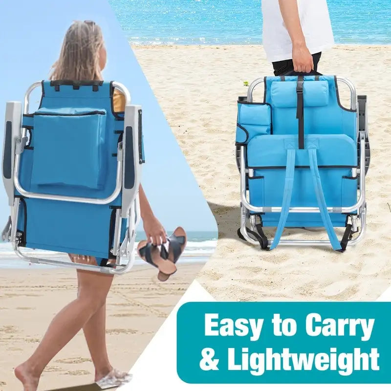 Chaise de plage pliante classique 5 positions à plat avec sac à dos, aluminium, bleue