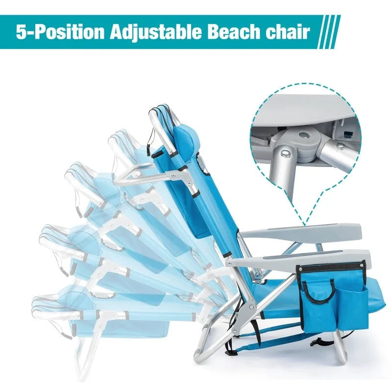 Chaise de plage pliante classique 5 positions à plat avec sac à dos, aluminium, bleue