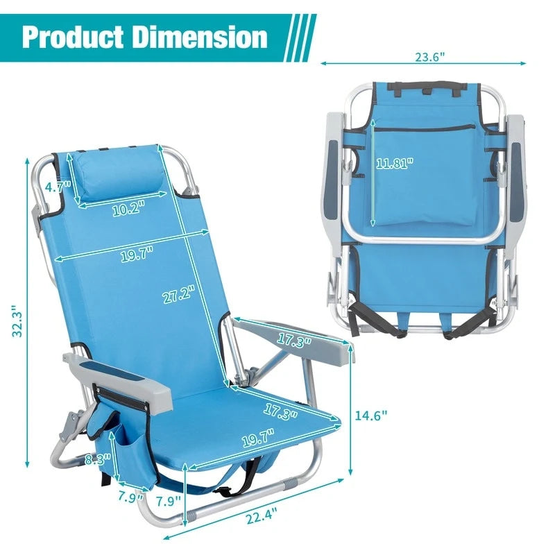 Chaise de plage pliante classique 5 positions à plat avec sac à dos, aluminium, bleue