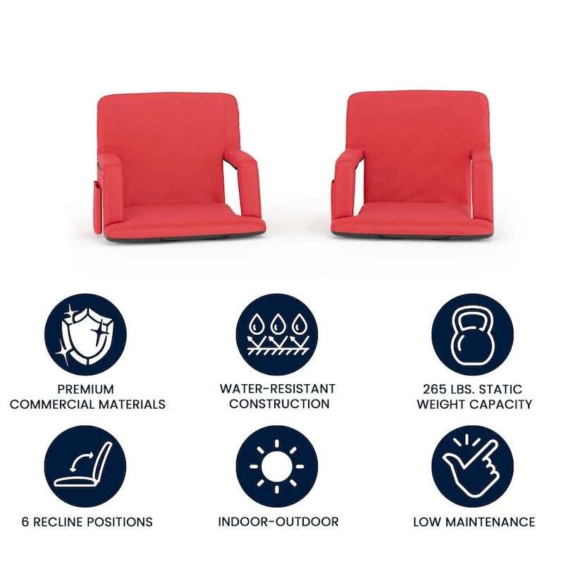 Lot de 2 chaises de stade rembourrées inclinables avec accoudoirs et poches de rangement