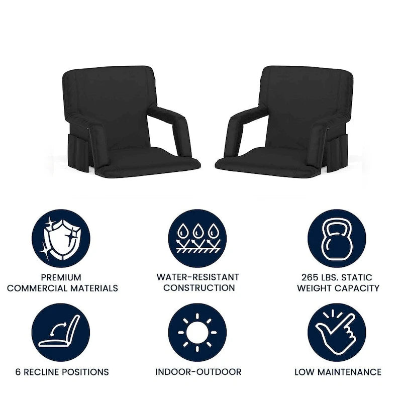 Lot de 2 chaises de stade rembourrées inclinables avec accoudoirs et poches de rangement