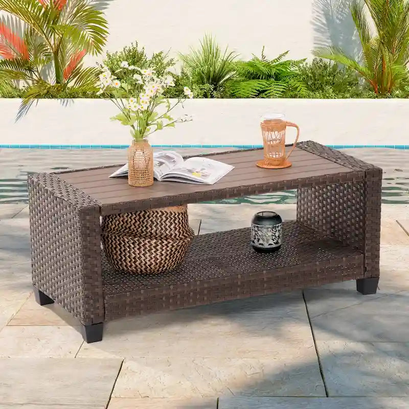 BONOSUKI Table d'appoint d'extérieur en rotin PE, table basse rectangulaire avec plateau en HIPS