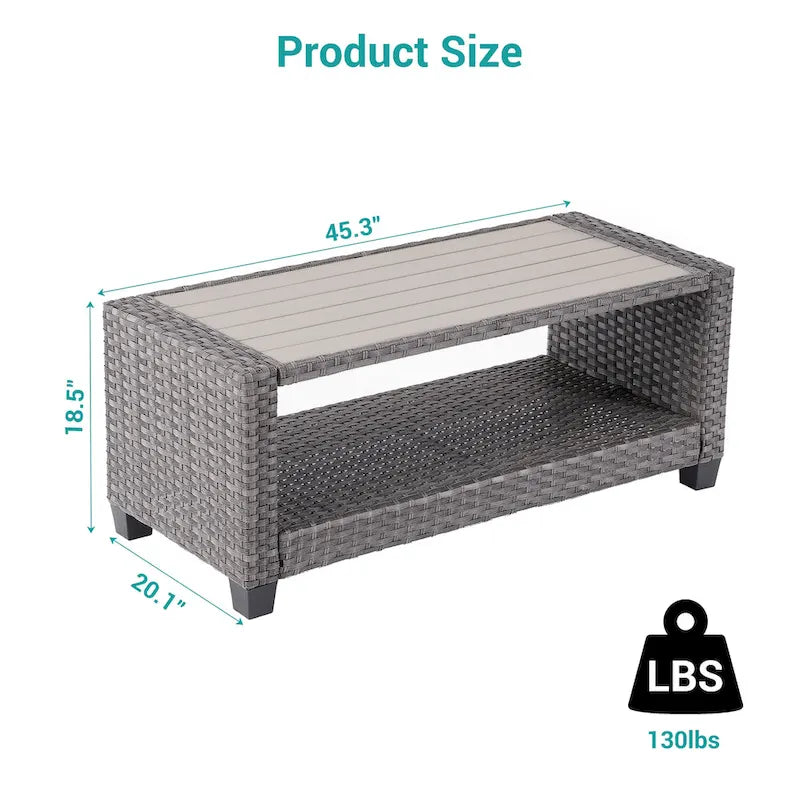 BONOSUKI Table d'appoint d'extérieur en rotin PE, table basse rectangulaire avec plateau en HIPS