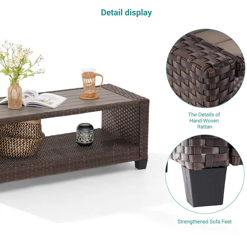 BONOSUKI Table d'appoint d'extérieur en rotin PE, table basse rectangulaire avec plateau en HIPS