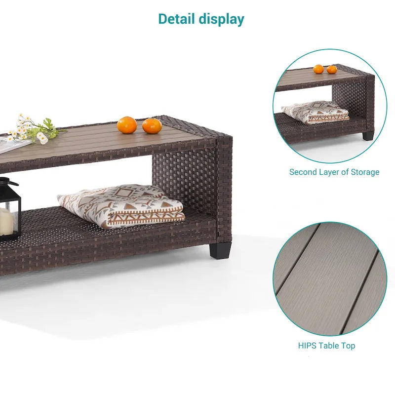 BONOSUKI Table d'appoint d'extérieur en rotin PE, table basse rectangulaire avec plateau en HIPS