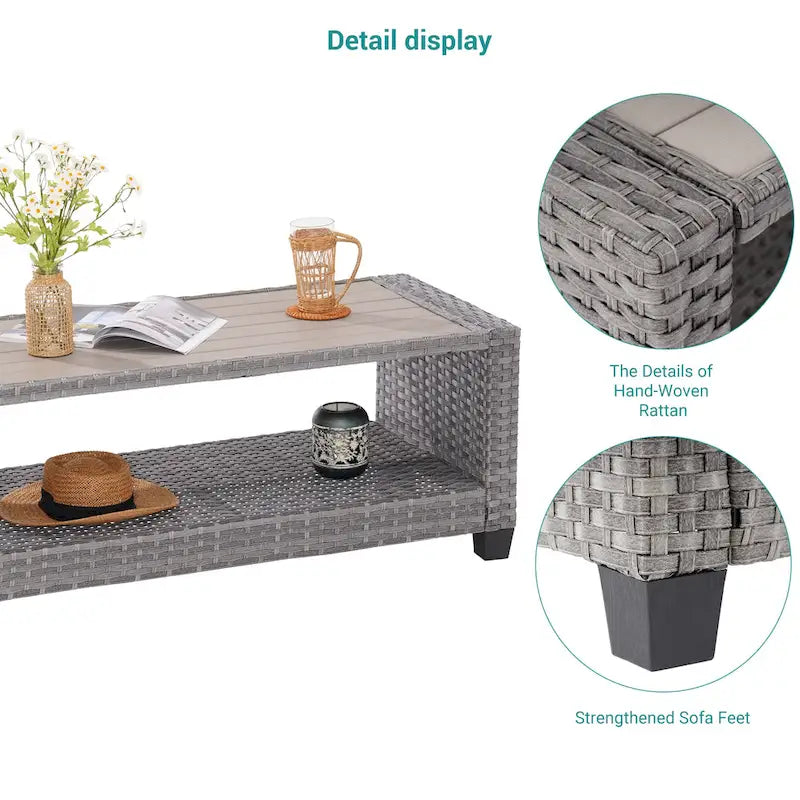 BONOSUKI Table d'appoint d'extérieur en rotin PE, table basse rectangulaire avec plateau en HIPS