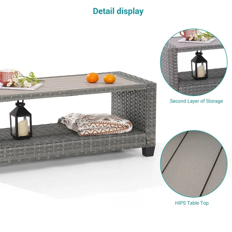 BONOSUKI Table d'appoint d'extérieur en rotin PE, table basse rectangulaire avec plateau en HIPS