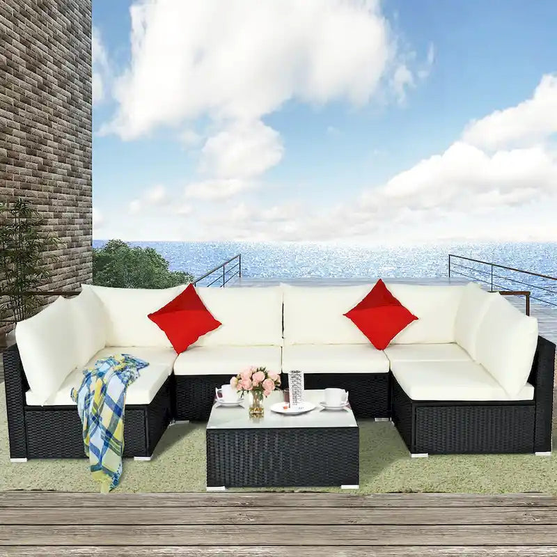 Ensemble de 7 meubles de patio en rotin Costway - Canapés modulables blanc cassé - Voir détails