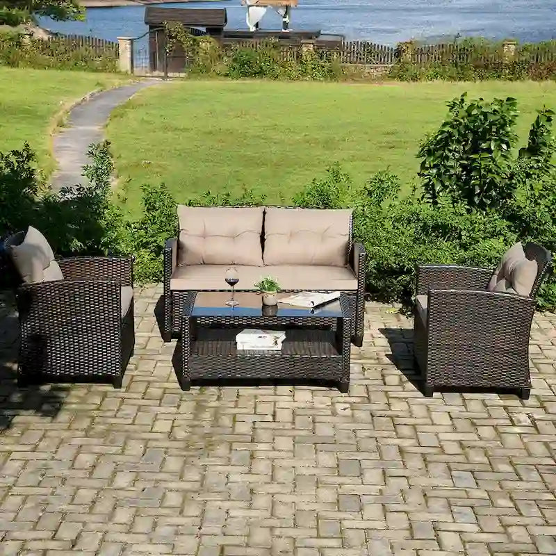 Costway 4PCS Outdoor Rattan Furniture Set Cushioned Sofa Armrest Chair - See Details