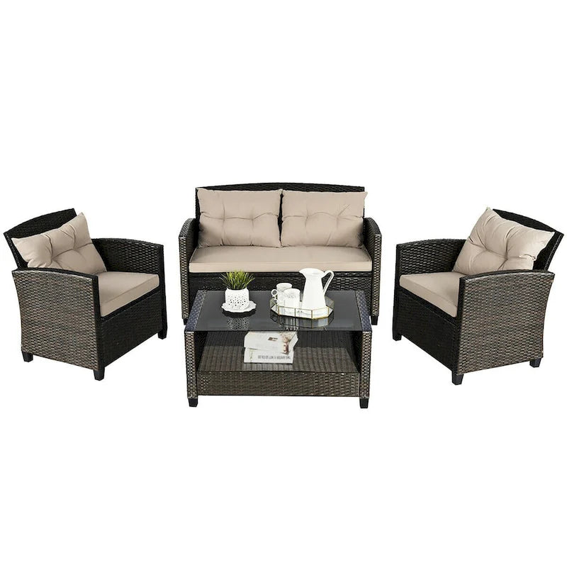 Ensemble de 4 meubles de jardin en rotin Costway avec canapé et fauteuils rembourrés - Voir détails