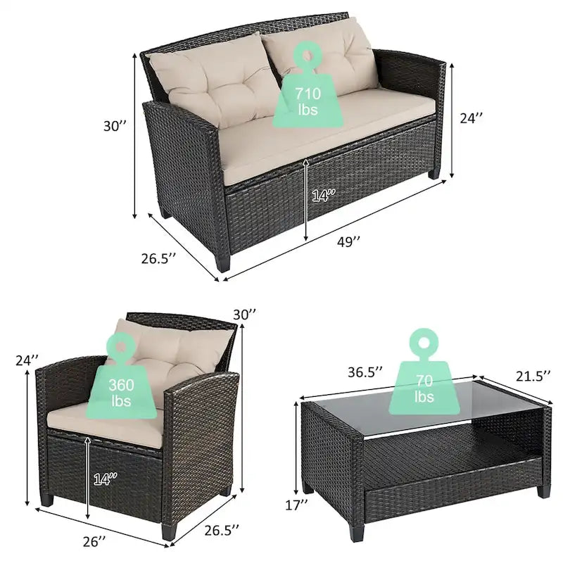 Ensemble de 4 meubles de jardin en rotin Costway avec canapé et fauteuils rembourrés - Voir détails
