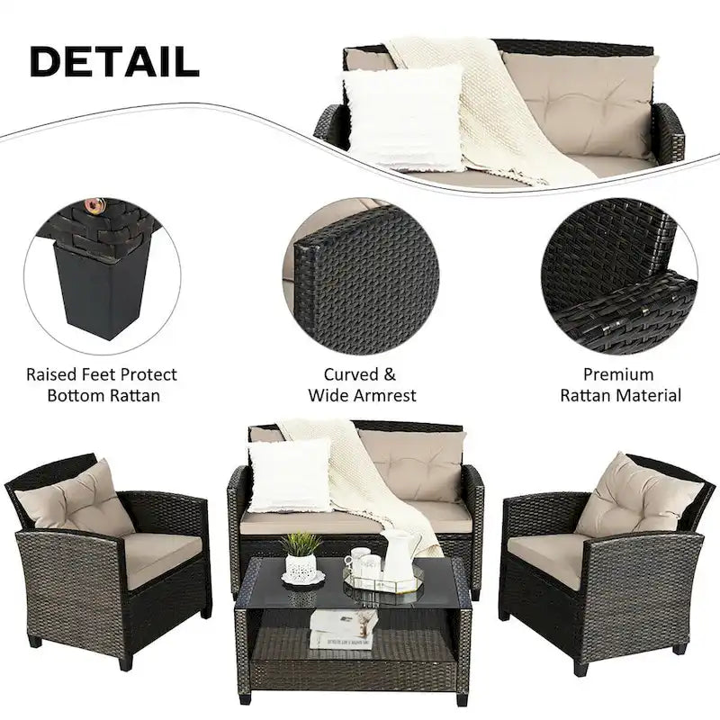 Ensemble de 4 meubles de jardin en rotin Costway avec canapé et fauteuils rembourrés - Voir détails