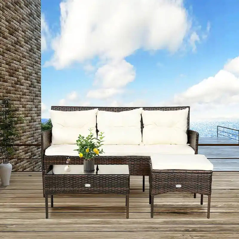 Gymax Ensemble de conversation sectionnel en rotin pour terrasse 3 pièces avec coussins décalés - Voir détails