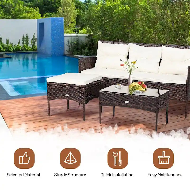 Gymax Ensemble de conversation sectionnel en rotin pour terrasse 3 pièces avec coussins décalés - Voir détails