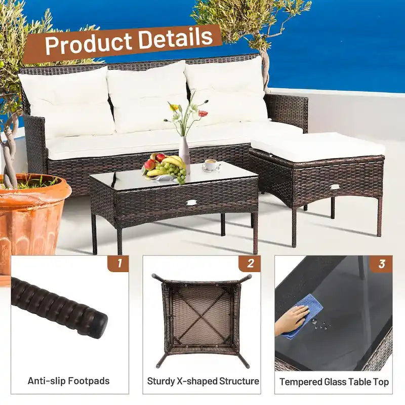 Gymax Ensemble de conversation sectionnel en rotin pour terrasse 3 pièces avec coussins décalés - Voir détails