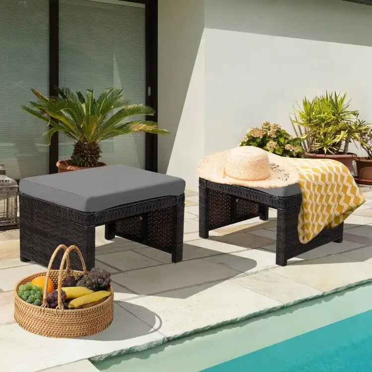2 repose-pieds ottoman en rotin rembourrés pour patio - Gris - 19,5 x 15,5 x 13 (L x l x H)