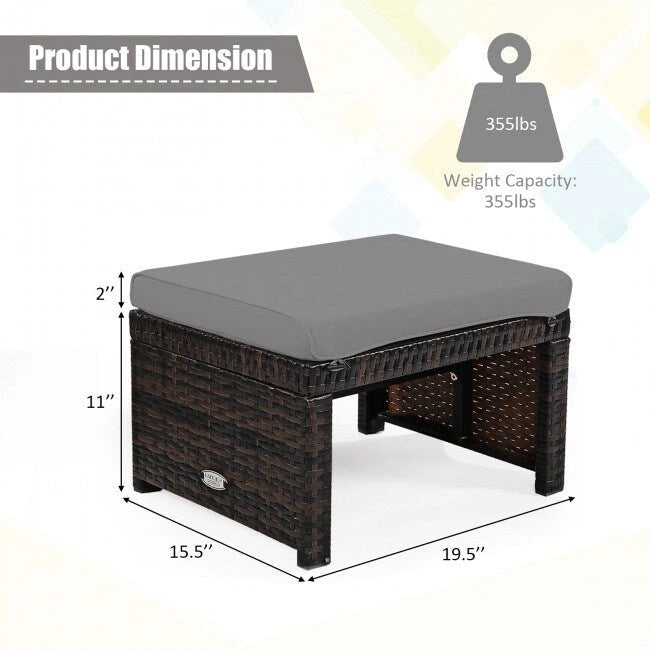 2 repose-pieds ottoman en rotin rembourrés pour patio - Gris - 19,5 x 15,5 x 13 (L x l x H)