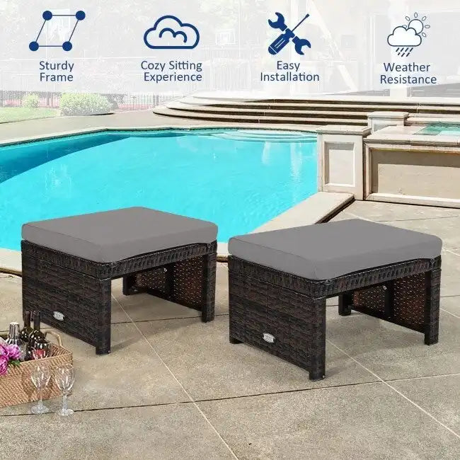 2 repose-pieds ottoman en rotin rembourrés pour patio - Gris - 19,5 x 15,5 x 13 (L x l x H)