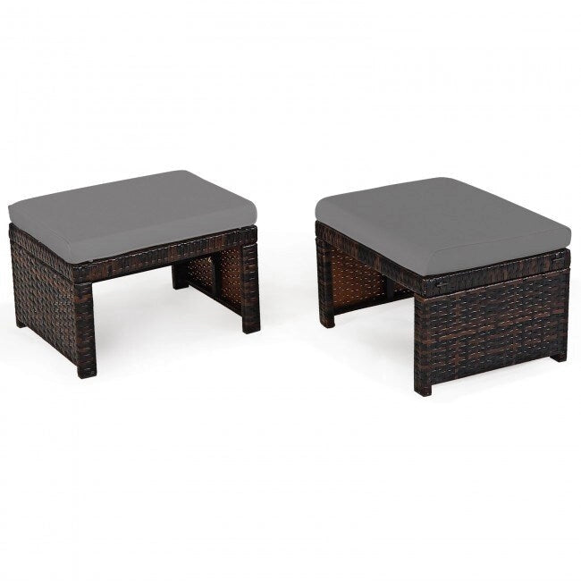 2 repose-pieds ottoman en rotin rembourrés pour patio - Gris - 19,5 x 15,5 x 13 (L x l x H)