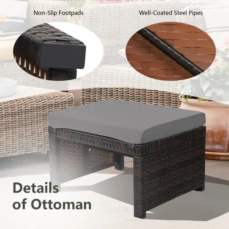 2 repose-pieds ottoman en rotin rembourrés pour patio - Gris - 19,5 x 15,5 x 13 (L x l x H)