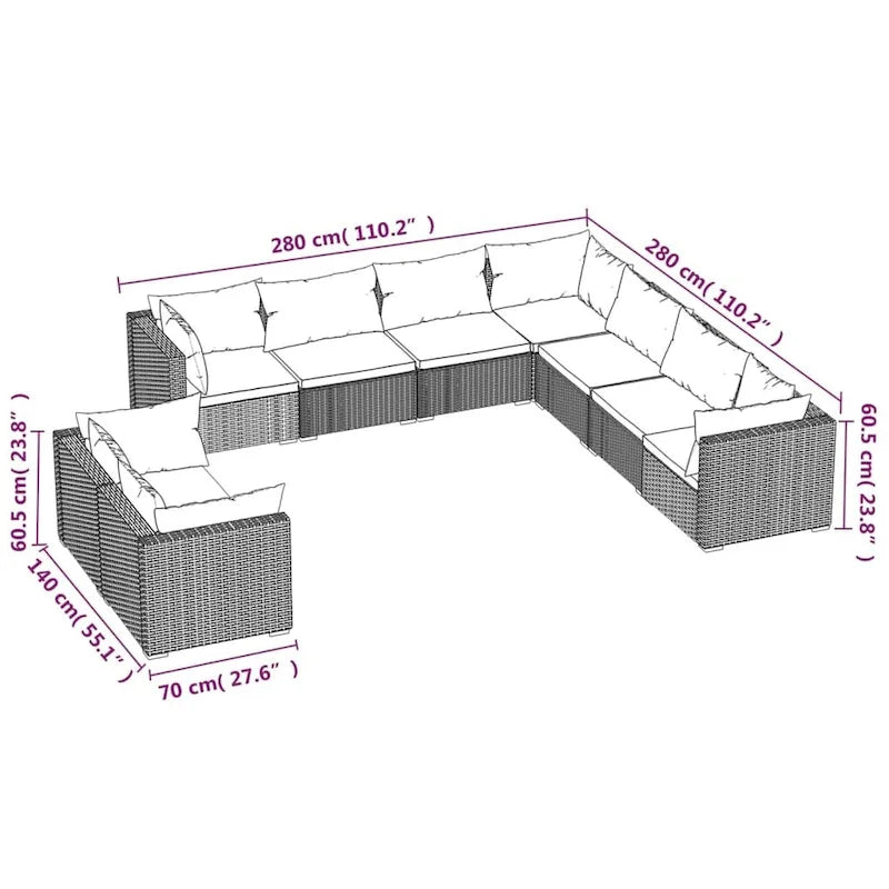 vidaXL Salon de jardin modulaire d'extérieur en résine tressée - 70 x 70 x 60,5 cm