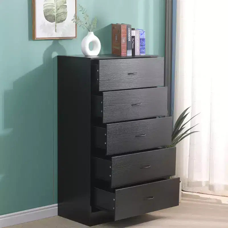 Commode à 5 tiroirs pour chambre à coucher, chiffonnier moderne et haut, cadre en acier, rangement en MDF noir