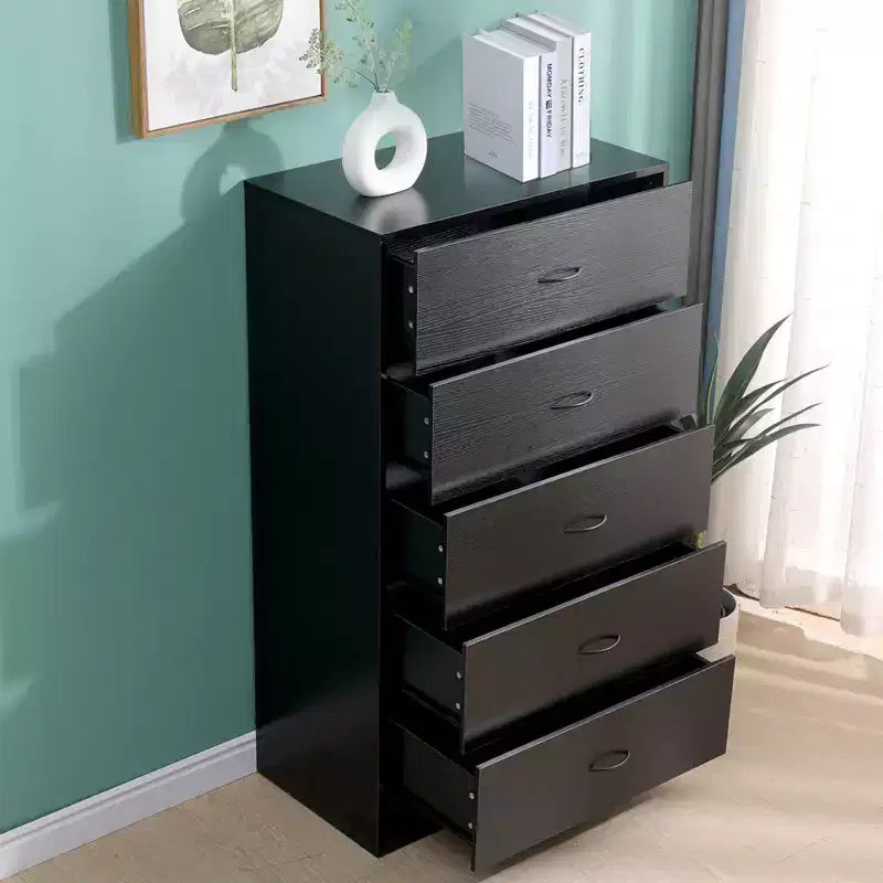 Commode à 5 tiroirs pour chambre à coucher, chiffonnier moderne et haut, cadre en acier, rangement en MDF noir