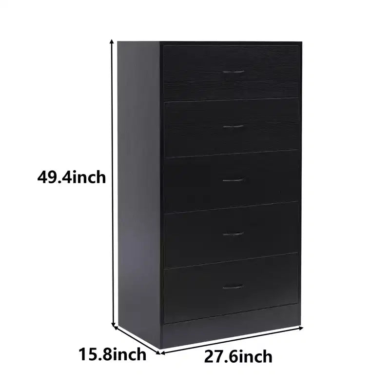 Commode à 5 tiroirs pour chambre à coucher, chiffonnier moderne et haut, cadre en acier, rangement en MDF noir
