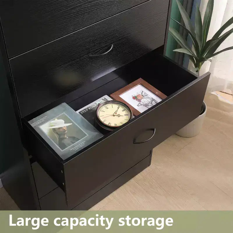 Commode à 5 tiroirs pour chambre à coucher, chiffonnier moderne et haut, cadre en acier, rangement en MDF noir