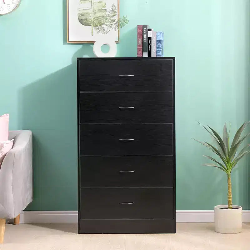 Commode à 5 tiroirs pour chambre à coucher, chiffonnier moderne et haut, cadre en acier, rangement en MDF noir