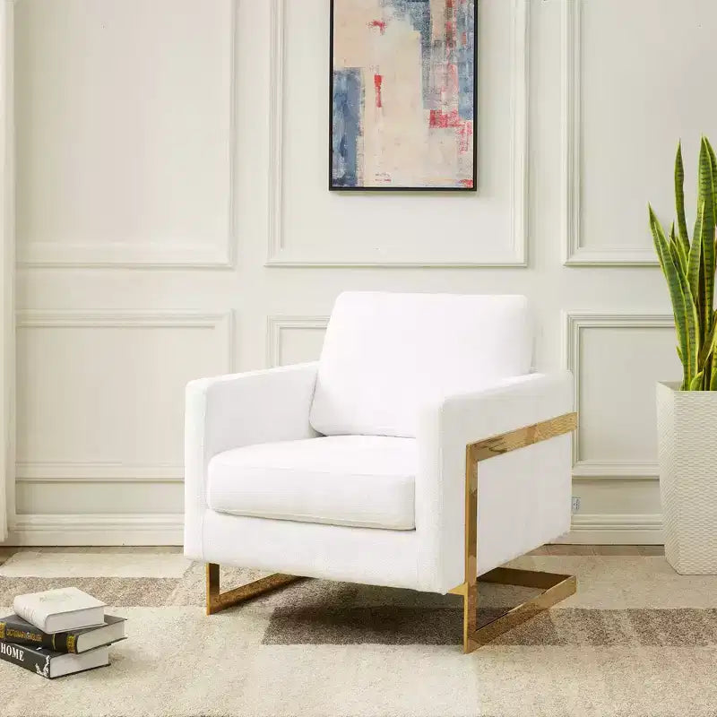 Fauteuil d'appoint rembourré en bouclette avec cadre en acier inoxydable doré