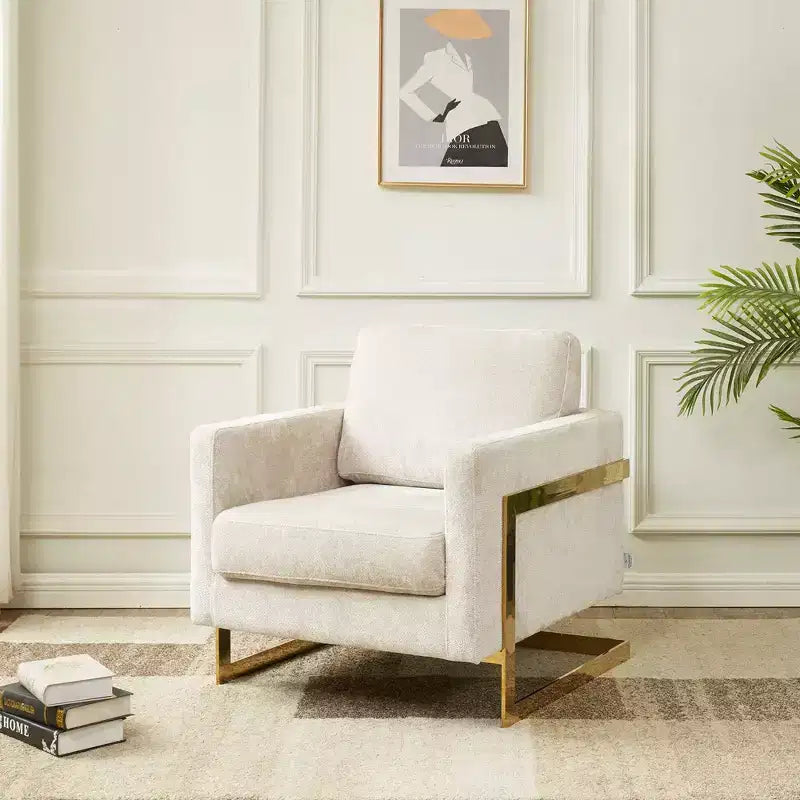 Fauteuil d'appoint rembourré en bouclette avec cadre en acier inoxydable doré