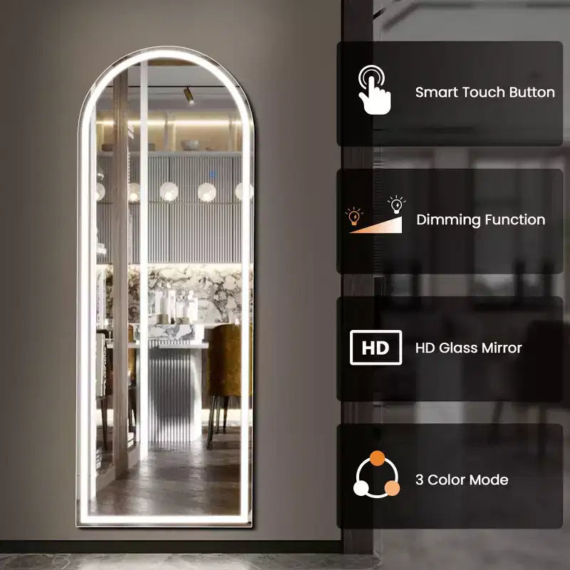 Miroir pleine longueur sans cadre arqué avec lumière LED et 3 températures de couleur