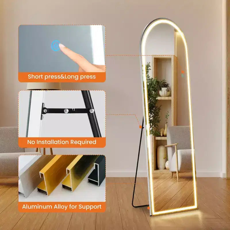 Miroir pleine longueur sans cadre arqué avec lumière LED et 3 températures de couleur