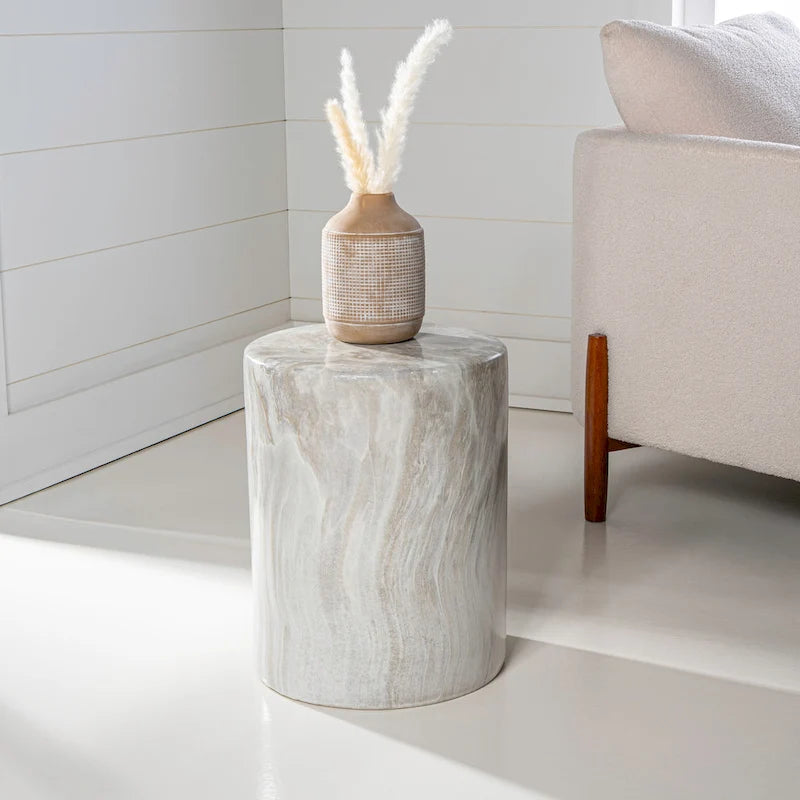 Luke 16 Modern Minimalist Faux Marble Column Indoor/Outdoor Accent Table, by JONATHAN Y