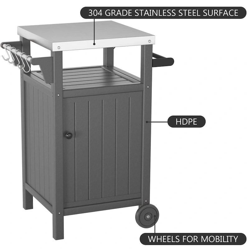 Table d'appoint roulante pour barbecue/grill, Chariot de service et table de préparation extérieure avec plateau en acier inoxydable 304 - PEHD
