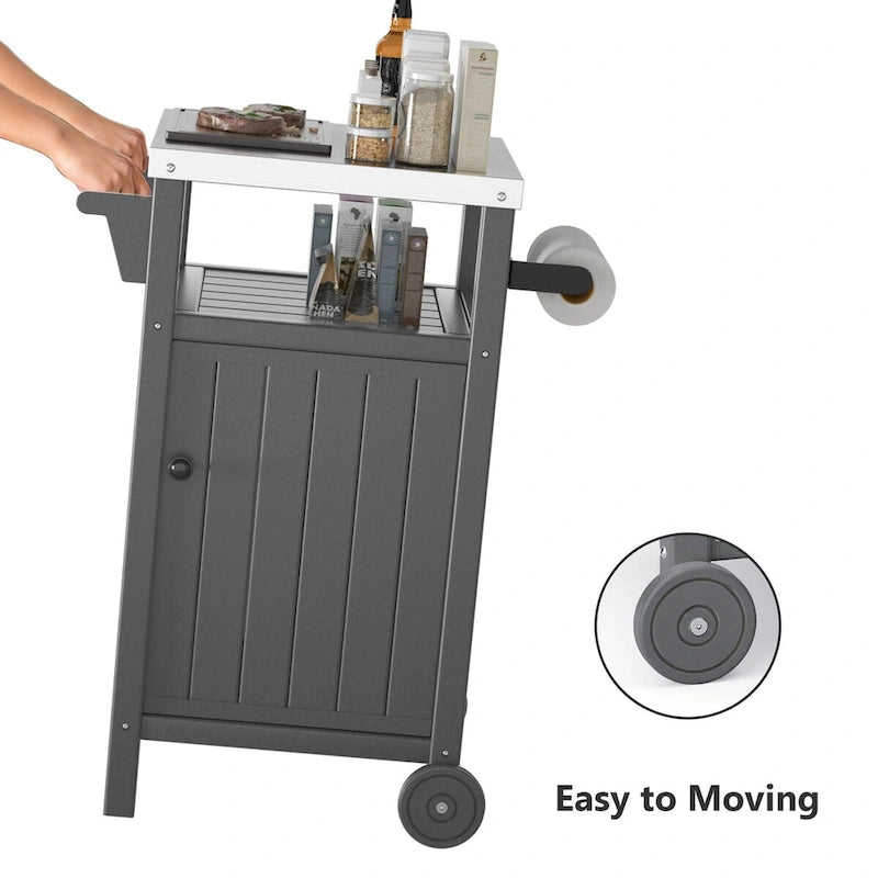 Table d'appoint roulante pour barbecue/grill, Chariot de service et table de préparation extérieure avec plateau en acier inoxydable 304 - PEHD