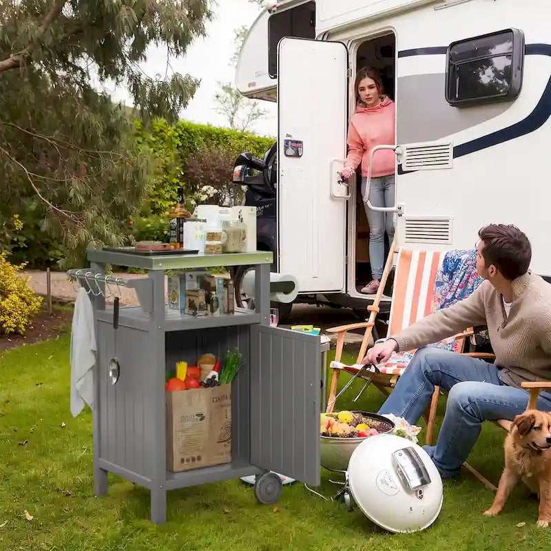 Table d'appoint roulante pour barbecue/grill, Chariot de service et table de préparation extérieure avec plateau en acier inoxydable 304 - PEHD